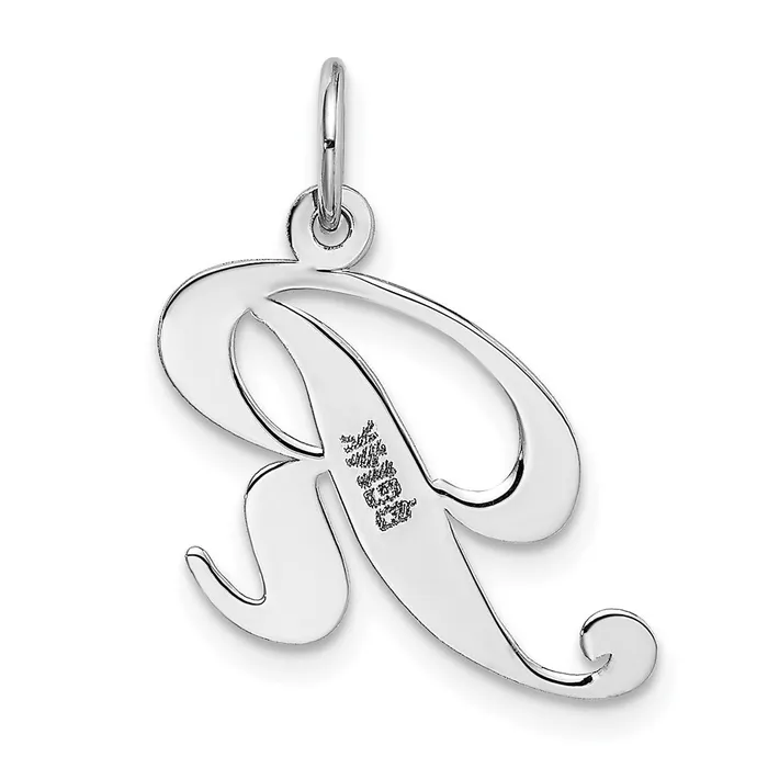 TreasureFineJewelers Charm Necklaces 14K White Gold Medium Fancy Script Letter R Initial Charm