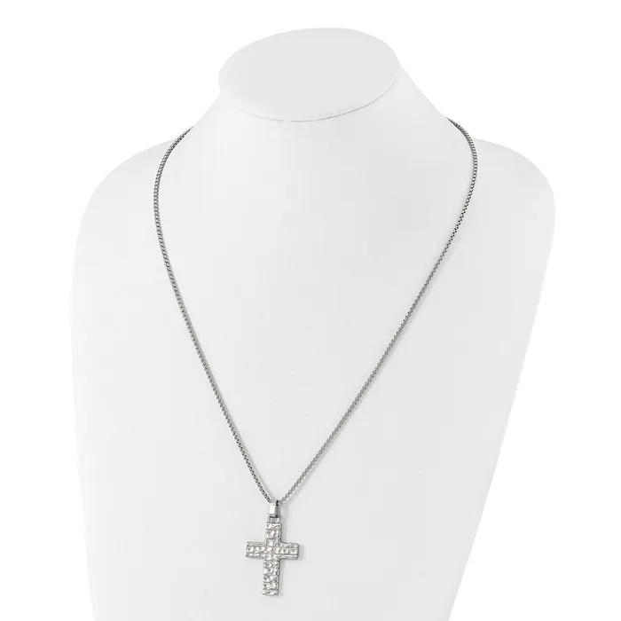 TreasureFineJewelers Necklaces Stainless Steel Brushed Polished Textured Cross 24in Necklace