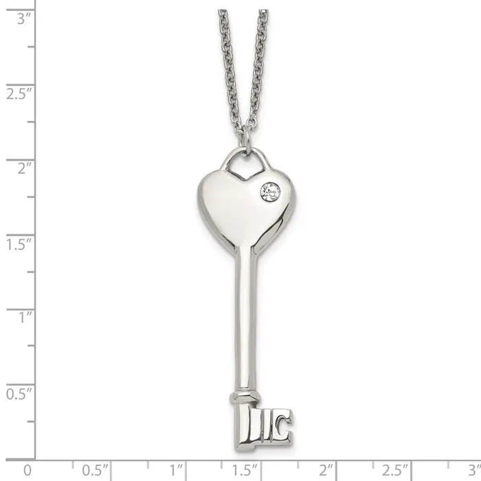 TreasureFineJewelers Necklaces Stainless Steel Polished wCZ Heart Key 20in Necklace