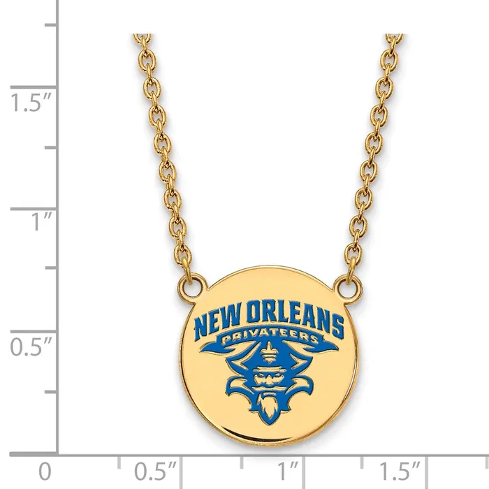 TreasureFineJewelers Necklaces Sterling Silver Goldplated University of New Orleans Privateers Large Enameled Disc 18 inch Necklace