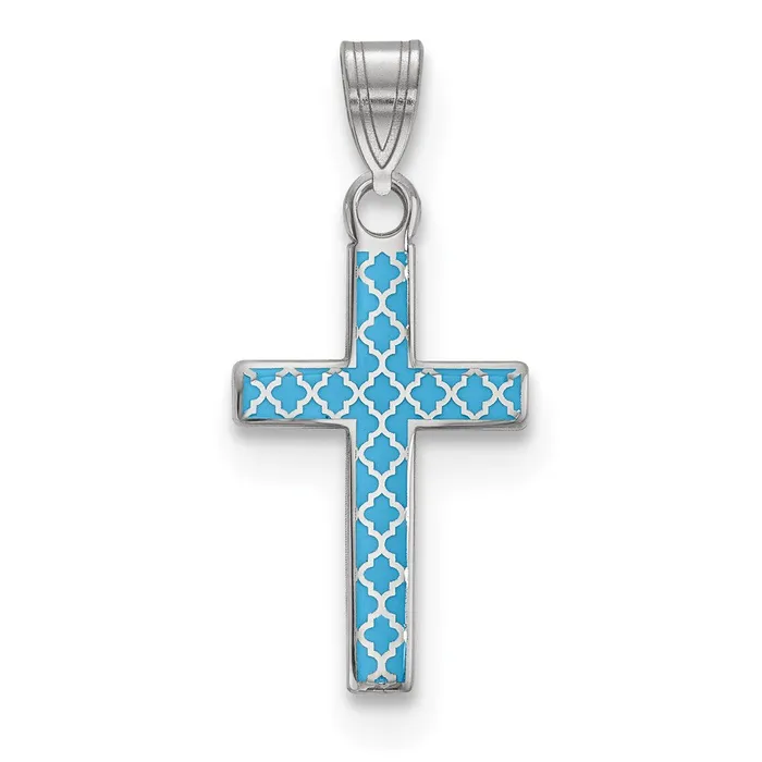 TreasureFineJewelers Sterling Silver Rhodiumplated Blue Enameled Cross Hatch Cross Charm Rings